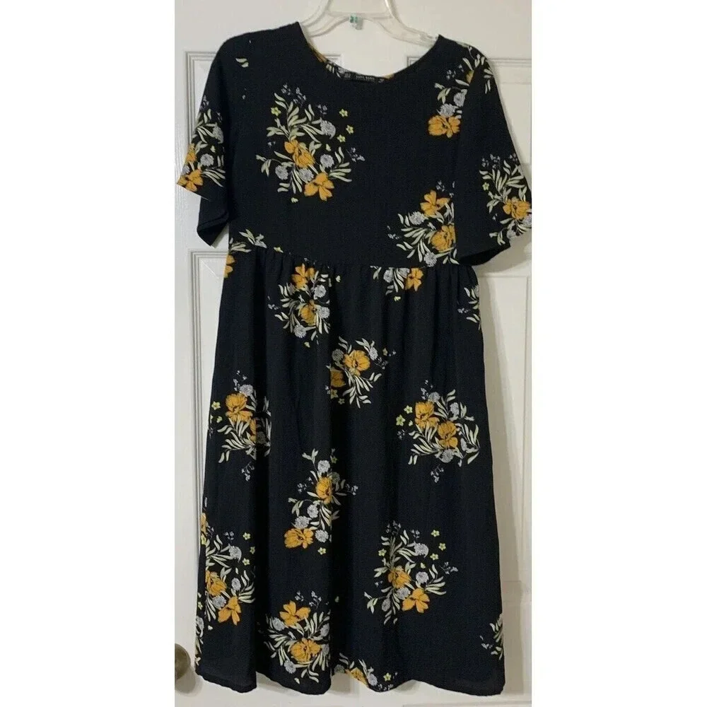 ZARA Floral Lace Up Back‎ Midi Dress ShortSleeves Medium Black Yellow